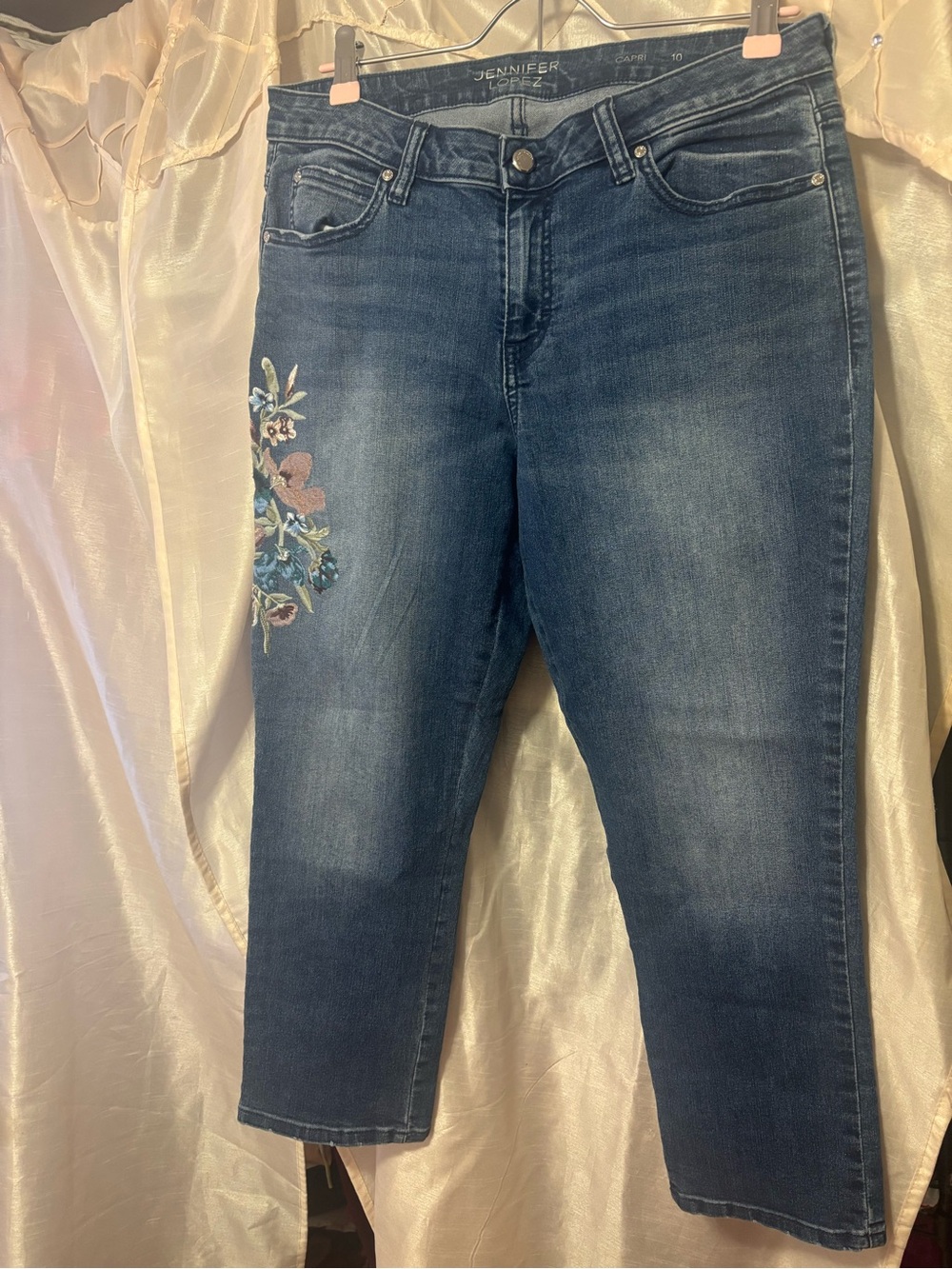 Jennifer Lopez Dark Blue Cropped Embroidered Jeans